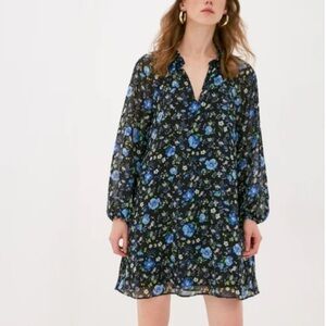 Banana Republic Black and Blue Floral Chiffon Long Sleeve Dress